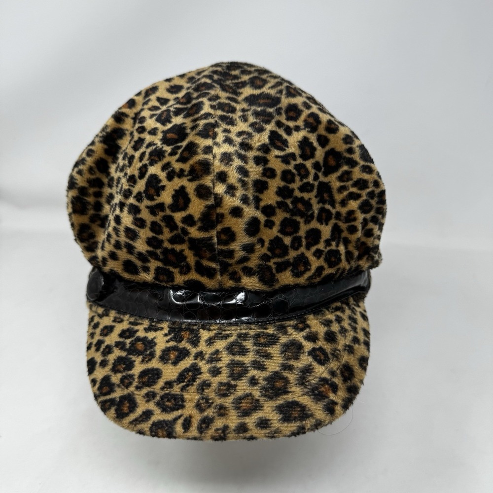 Leopard Newsboy Cap Velvet Velour Black Brown Decorative Band